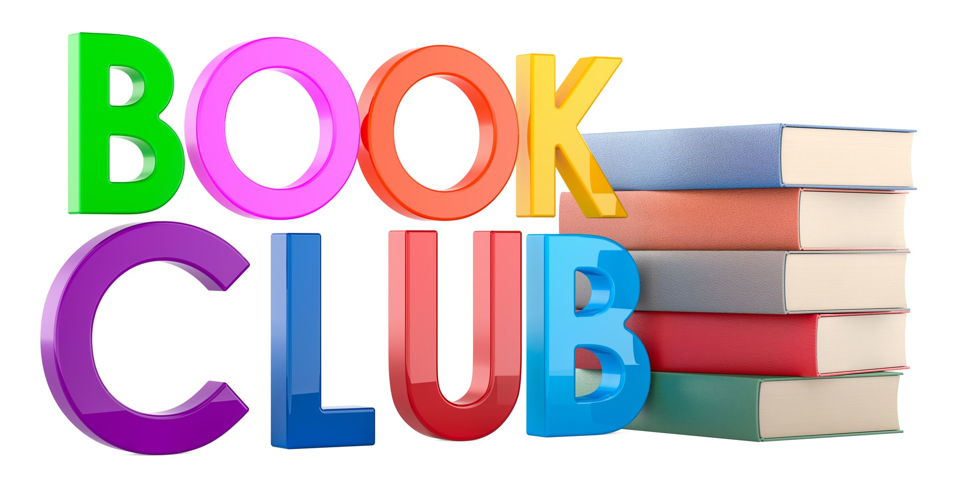 Book club, colorful letters with book stack. 3D rendering